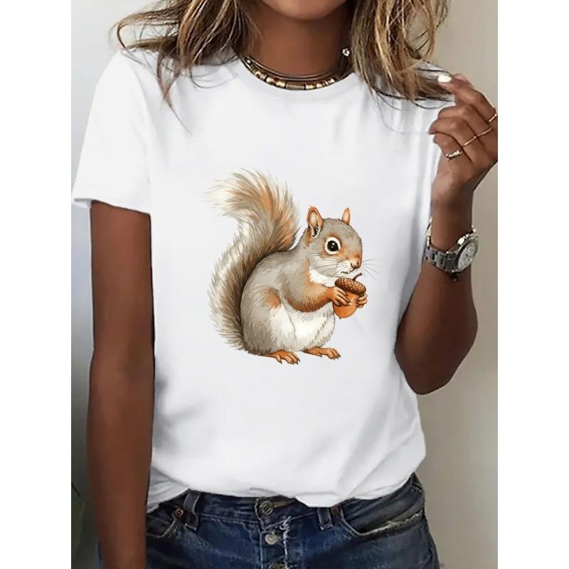 European Size Women's Oversized T-Shirt - Vintage Squirrel Graphic&Geometric Print Black/White Casual Streetwear Top,Loose Fit Round Neck Short Sleeve