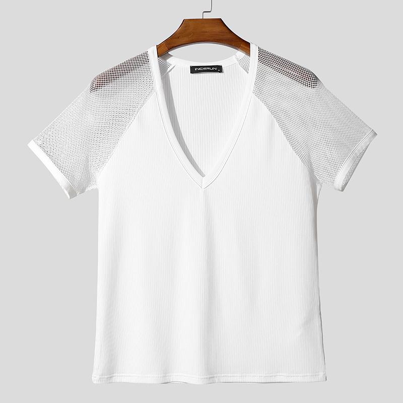 

INCERUN Мужские футболки Повседневные с V-образным вырезом Короткий рукав Сетчатые Прозрачные Лоскутные Топы 4XL белый