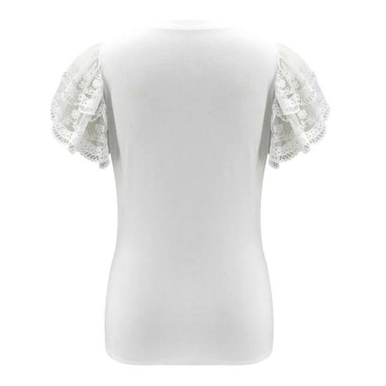 Tricou bluză subțire cu mânecă scurtă pentru femei, de culoare uni, cu decolteu cusut cu dantelă