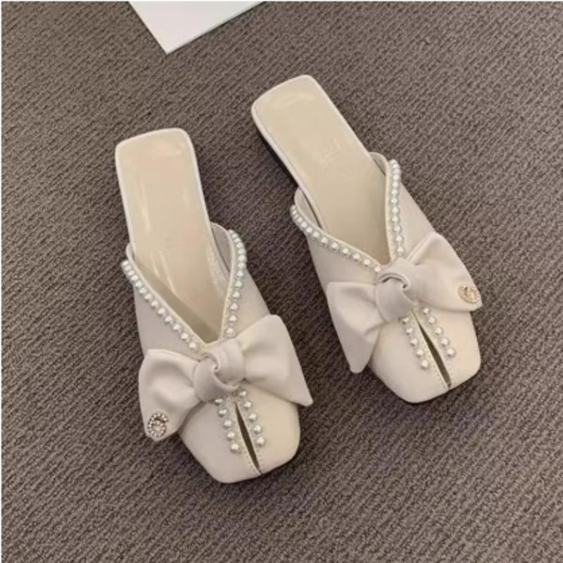 

Fashion Pearl Slides With Bow Woman Slippers New Collection Original Style Shoes for Women Unique Waterproof Chic and Elegant 35 грязно-белый