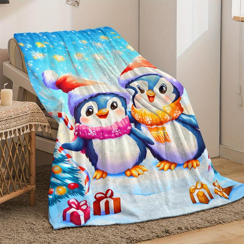 Christmas Penguin Flannel Blanket Festive Holiday Gift Snowflake Stars Candy Cane Winter Cozy Soft Blanket Kids Room Decor
