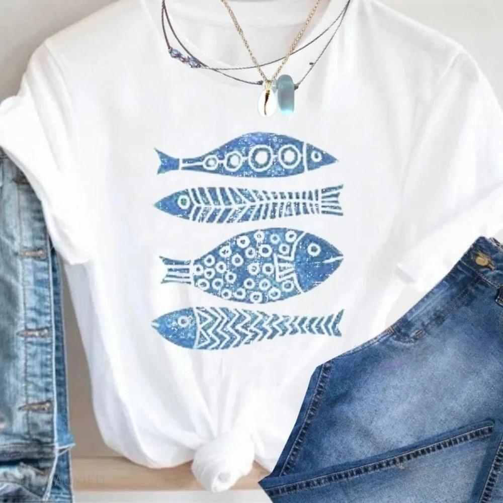 Graphic Fish Nature Tshirt Vacation Style Fish Print Summer Beach Holiday Sandbeach Lover Gift Boho Mod Design Ethnic Cute Tops