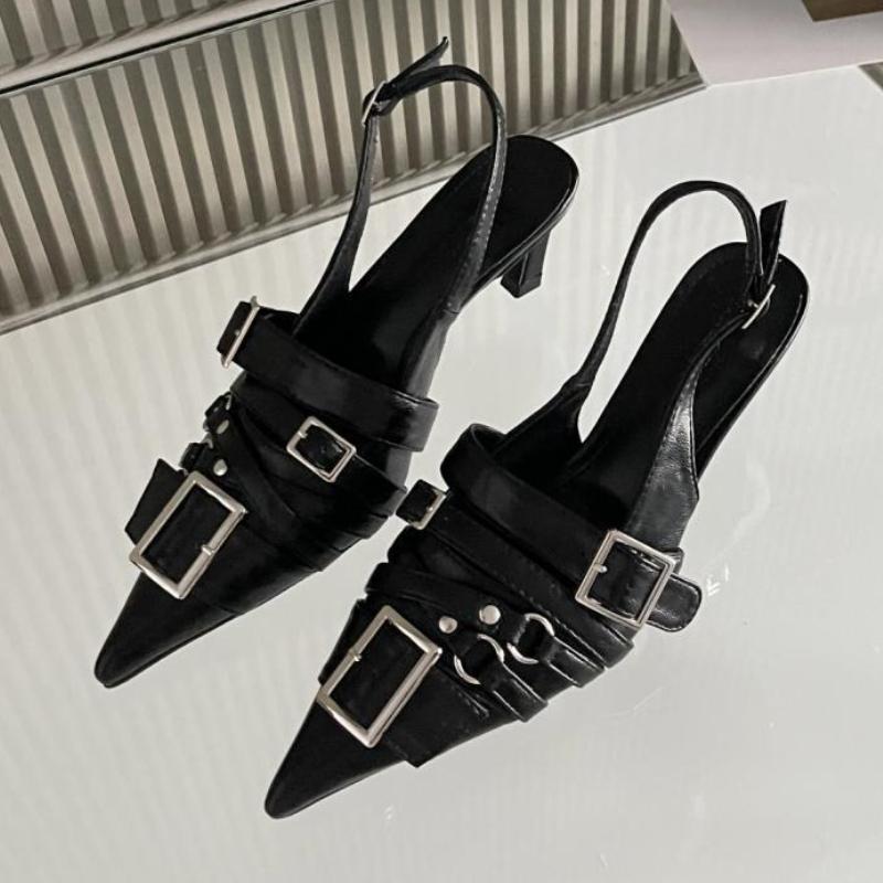 

Fashion Punk Style Buckle Decoration Middle Heel Pumps Women Fashion Pointed Toe Back Strap Designer Shoes Sexy Nightclub Dress Shoes 35 чёрный