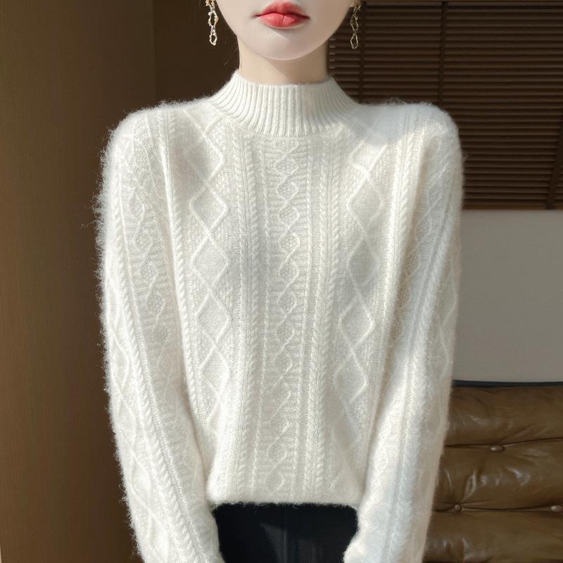Women's High-Neck Diamond Pattern Knit Pullover Sweater, 2024 Autumn/Winter, Loose Fit, Thickened Short Base Layer