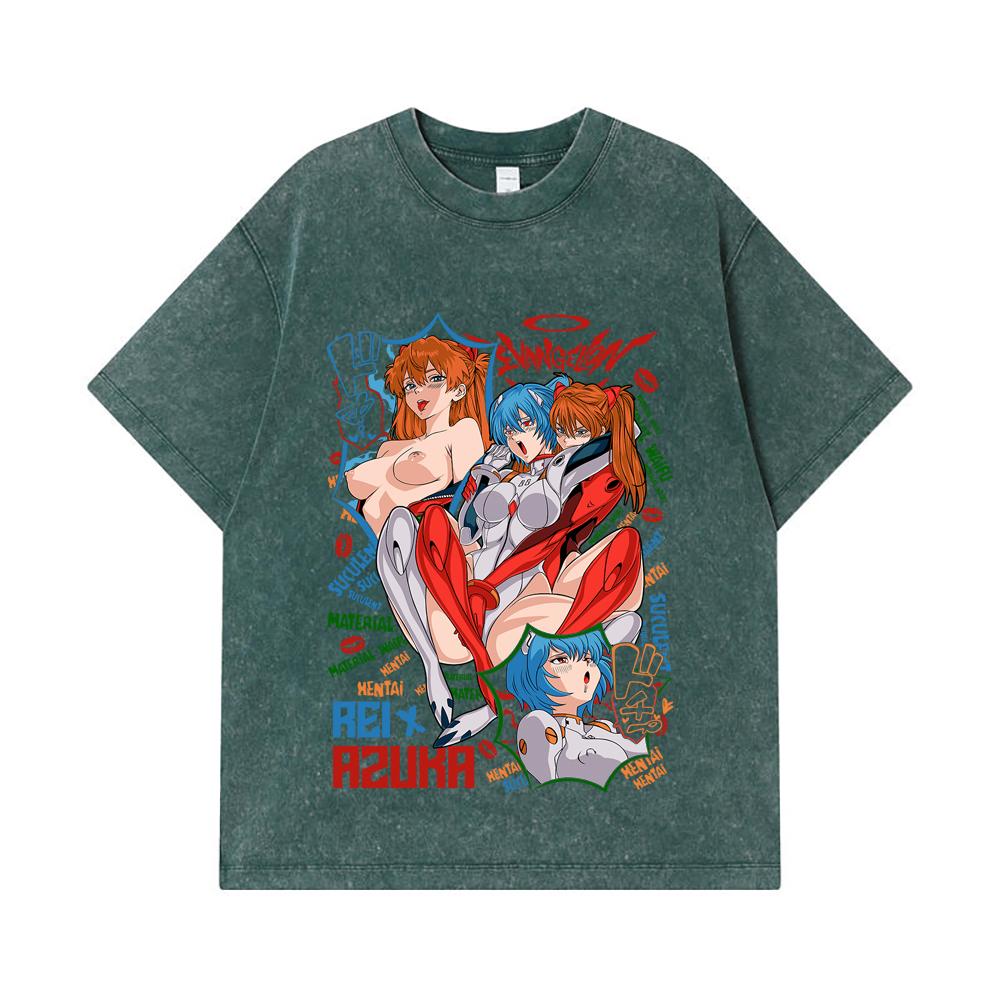 T-shirt Lavate 275 GSM 100% Cotone Evangelion V9 Asuka Rei Stampa Waifu Unisex T-shirt in Cotone Pesante