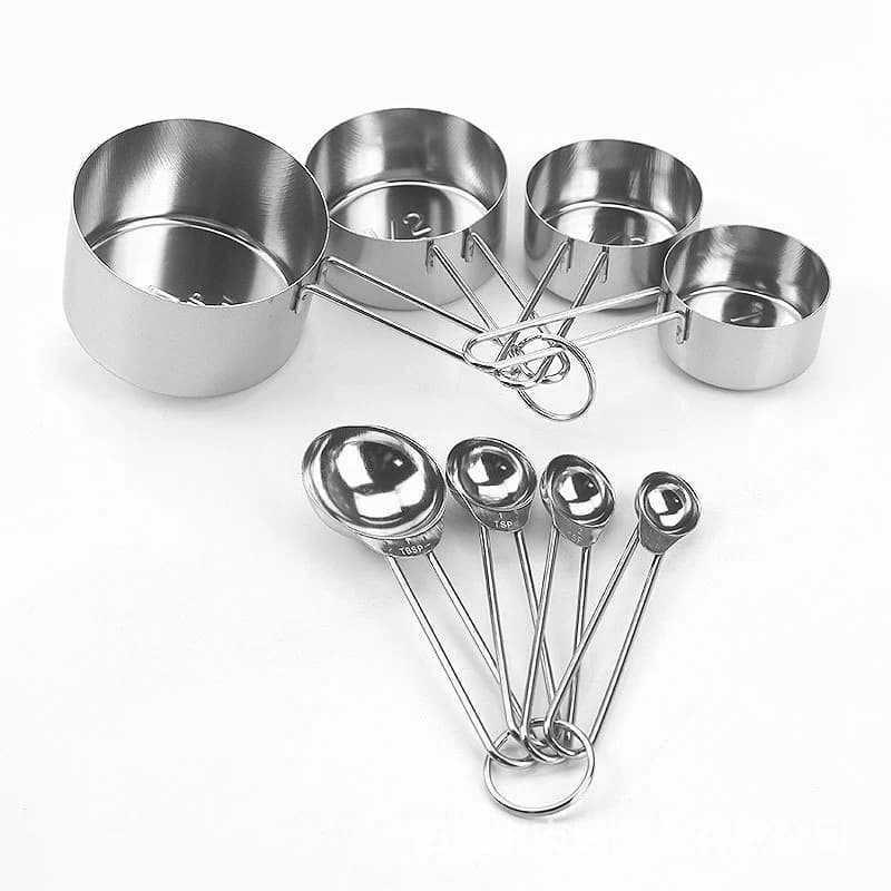 8-Piece Stainless Steel Measuring Cups & Spoons Set with Acacia Wood Handles for Baking & Coffee Seasoning