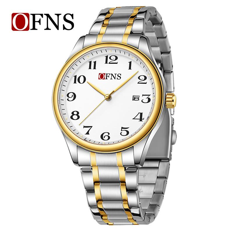 מותג Ofns שעון קוורץ אופנתי קלאסי פלדת אל-חלד מלאה עמיד במים 30 מטר לגברים ונשים לוח שנה תאריך זוגי עסקי