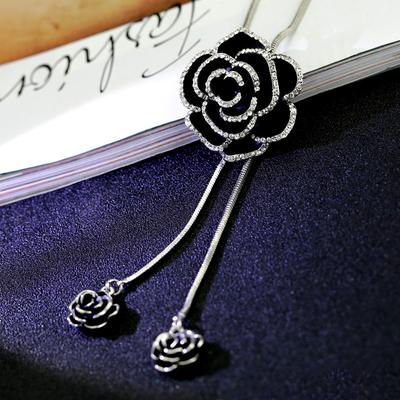 Black Rose Flower Long Necklace Sweater Chain Metal  Pendant Necklaces Adjusted