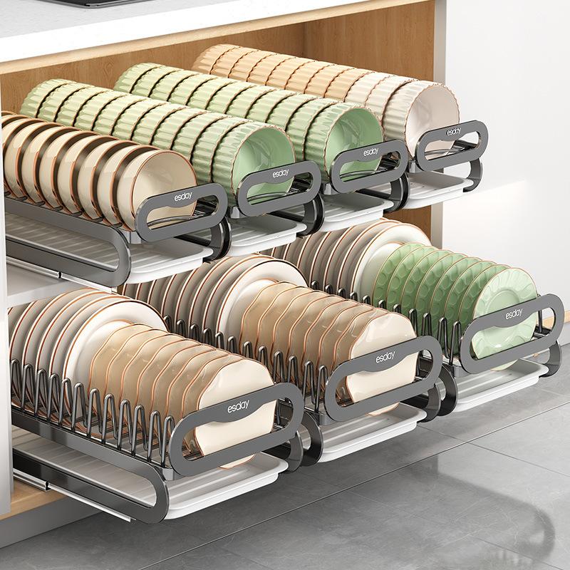 Kitchen Pull-out Dish Storage Rack Double-layer Bowl Rack In Cabinet Pull-out Basket Dish Shelf Drain Rack