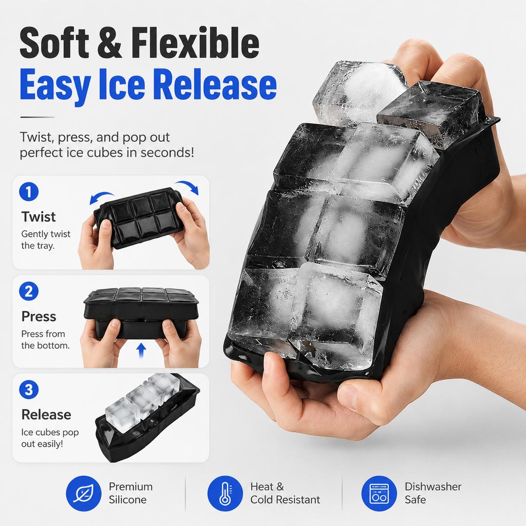 8-Grid Large 5cm Ice Cube Tray with Lid Food Grade Silicone Big Ice Cube Mold for Whiskey Cocktail Drinks Easy Release Giant Ice