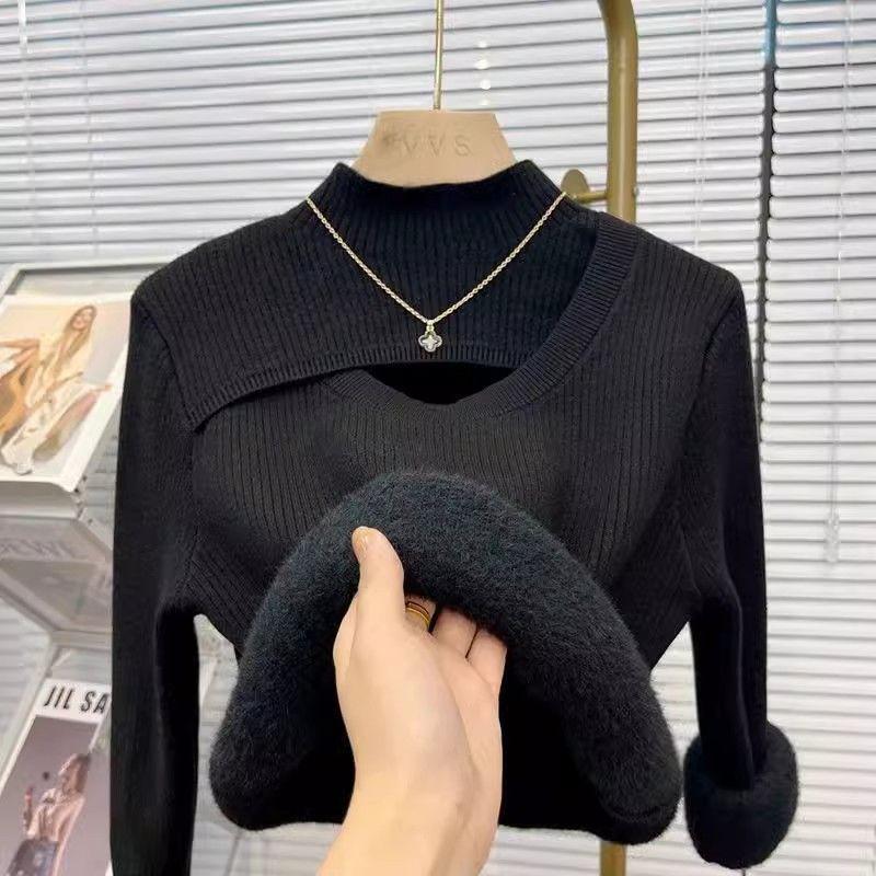 European Style Half High Neck Hollow Knit Women's Fleece Lined Sweater - Warm Autumn & Winter Base Layer