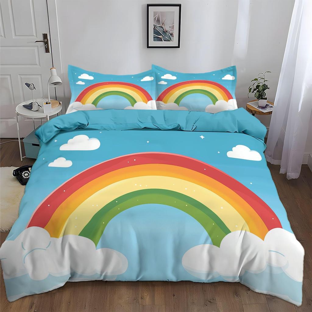 Rainbow Clouds Duvet Cover Sets For Kids Boys Girls Queen King Size Lightweight Quilt Covers Colorful Cartoon Cute Bedding Sets