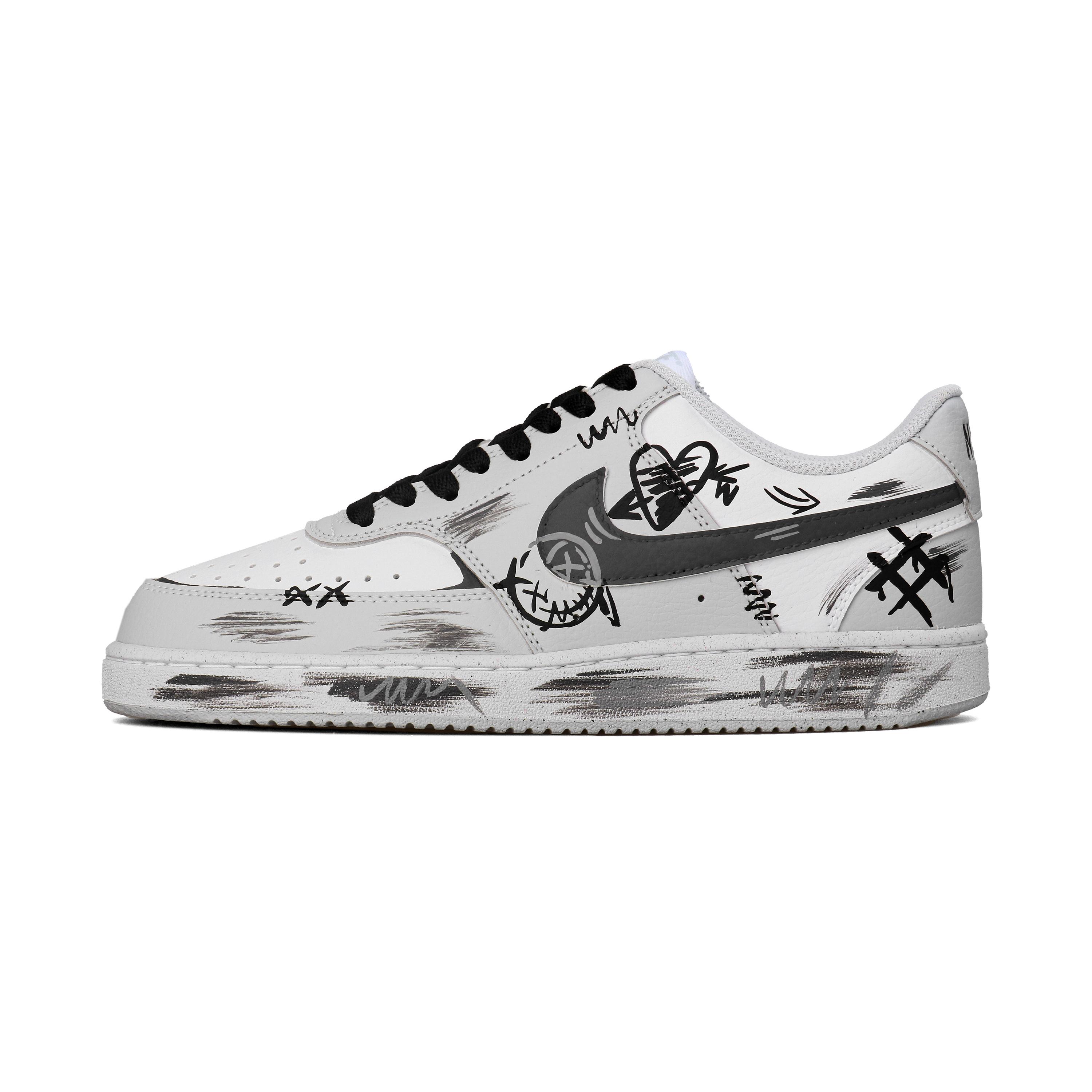 

Nike Court Vision Ultimate Custom, Gray Graffiti Abrasion Resistant Low top Skateboard Shoes Men s Black White Gray HM9862-002(Team1105-) 44