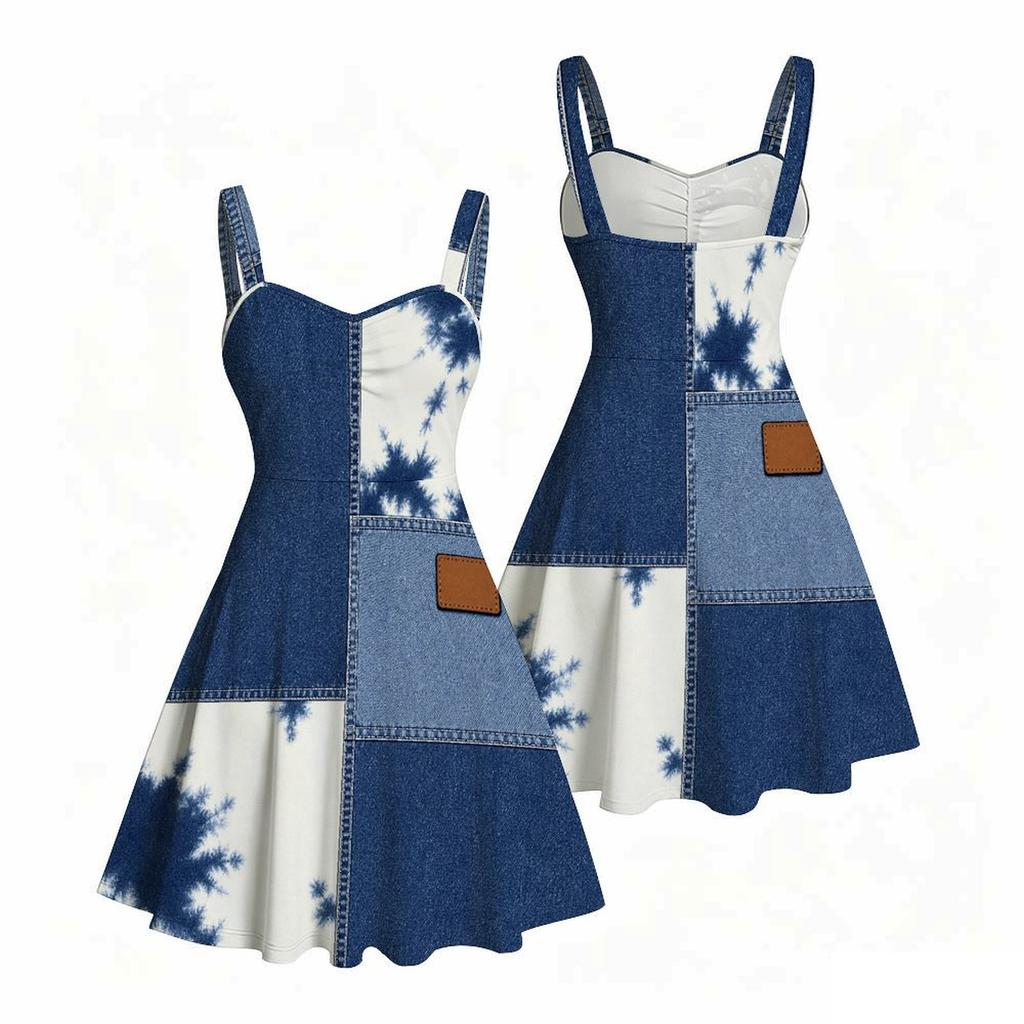Women Plus Size Sweetheart Neck Strappy Off Shoulder Sleeveless Dress Abstract Printed Blue Beige Flared Hem
