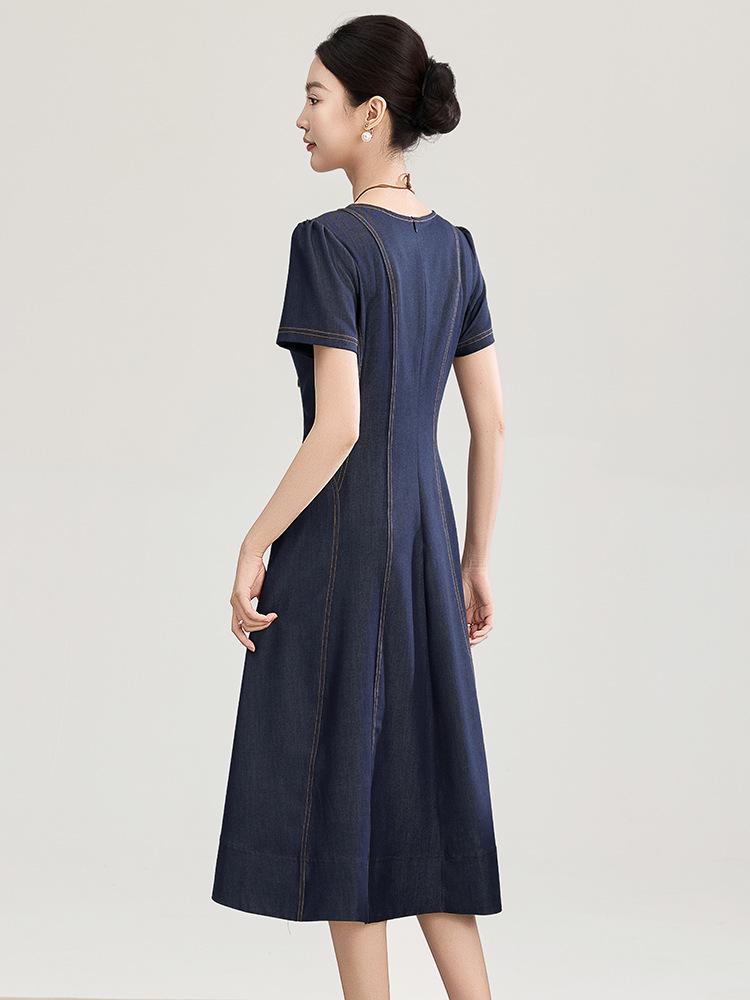 Nanyou Tencel Cotton Retro Waist-Cinched Denim Dress - Breathable, Slimming, Short-Sleeved for Spring/Summer