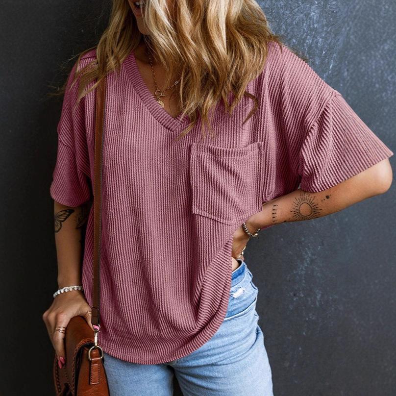 

2026 Spring/Summer European American Fashion Two-tone Twist Elastic Crew Neck Short Sleeve V-neck Women s Top Extra Large