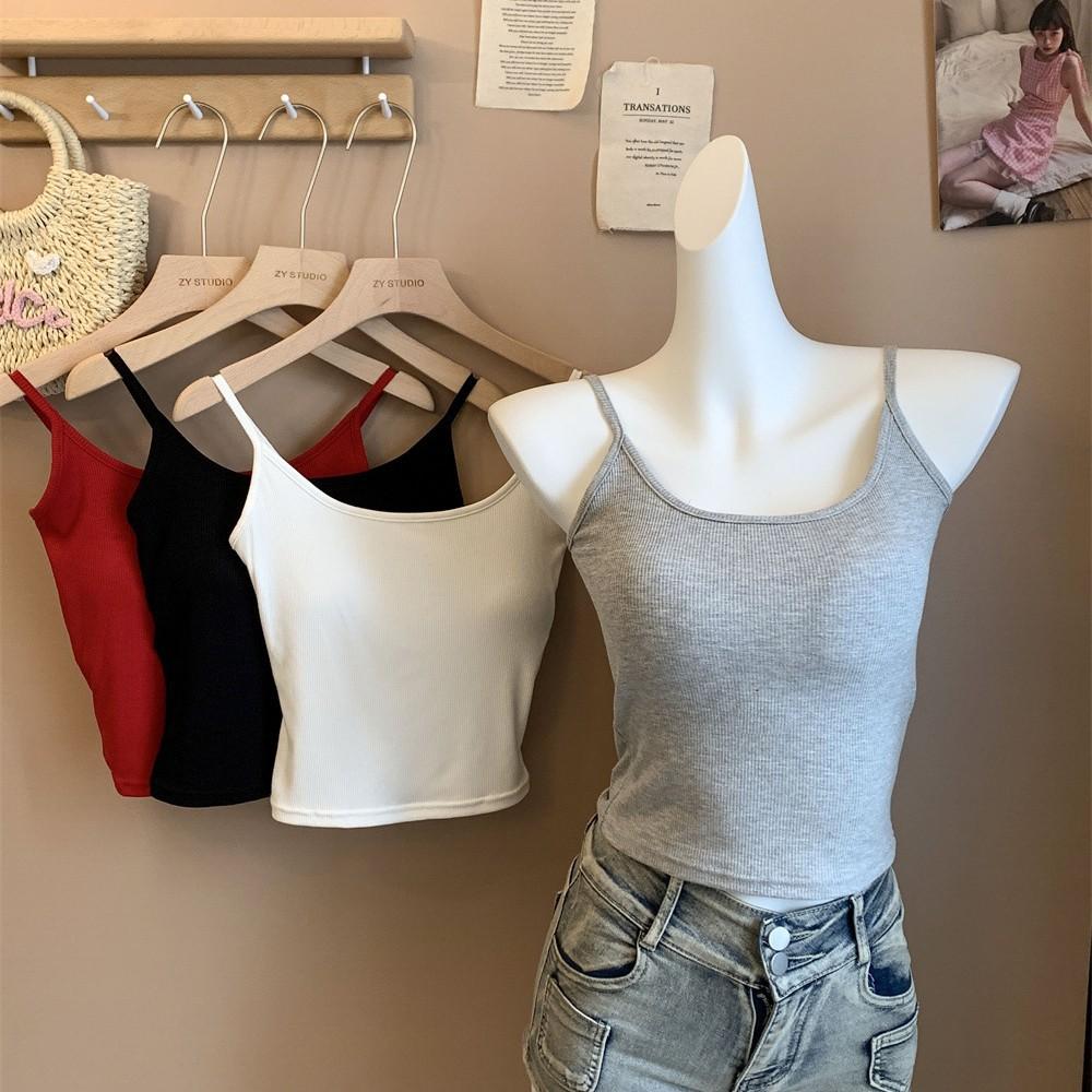6967 #Human Cotton Solid Color Simple And Versatile Sling Vest, Spice Girl With Chest Pad Base, Short Outer Top