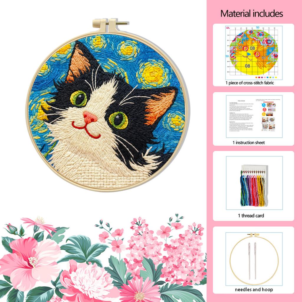 Kleines Nachtkatzen Kreuzstich-Set für Anfänger, Einfaches DIY Stickset mit Mustern