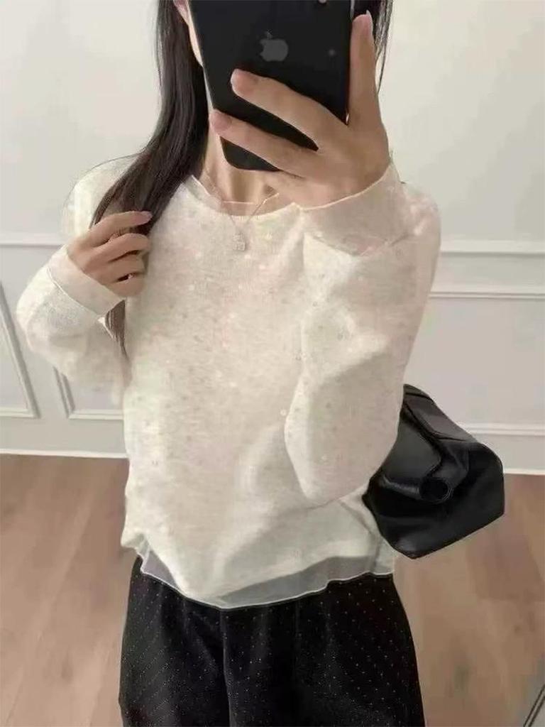 Korean Mesh Patchwork Sequin Two-Piece T-shirt: 2025 Winter Women's Sweet Temperament Trendy Top