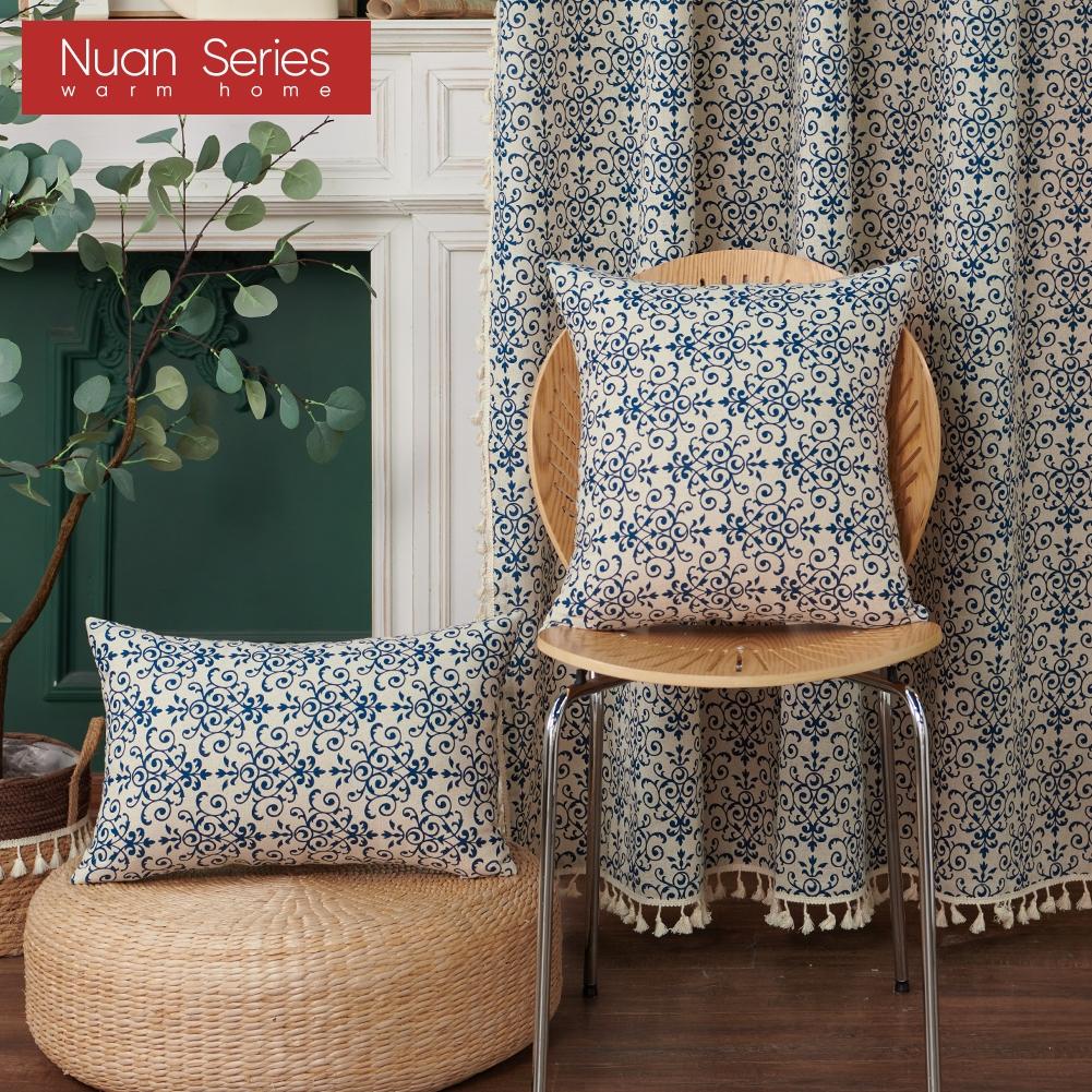 1PC Nuan Series Retro Chinese Classical Blue and White Porcelain Printed Cotton and Linen Pillowcase for Sofa Living Room Bedroom Home Decor
