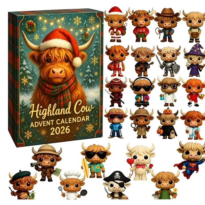 2026 Hochlandrind Adventskalender 24 Tage 3D Weihnachten Countdown Kalender Wiederverwendbar Niedlich Festival Ornamente Set Weihnachtsgeschenk