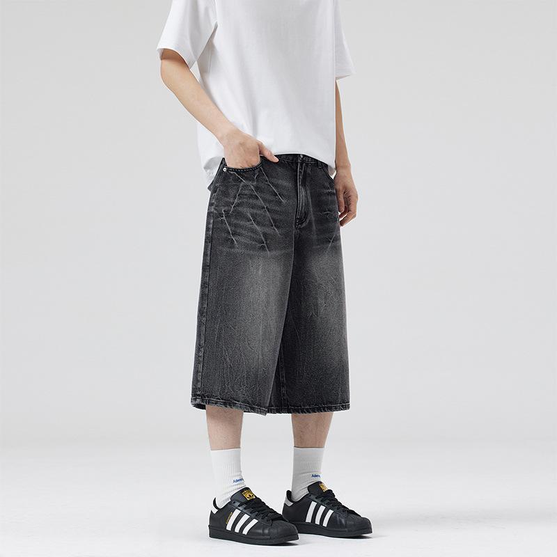 Sommer Amerikanische Blitzriss Denim Cropped Hose Herren Gerade Entspannte Passform Weiter Bein Kurze Hose
