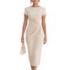 Damska Sukienka Midi z Marszczonymi Bokami Elegancka Sukienka Midi z Krótkimi Rękawami Łódkowy Dekolt Bodycon Sukienka Koktajlowa na Formalne Wydarzenia i Imprezy