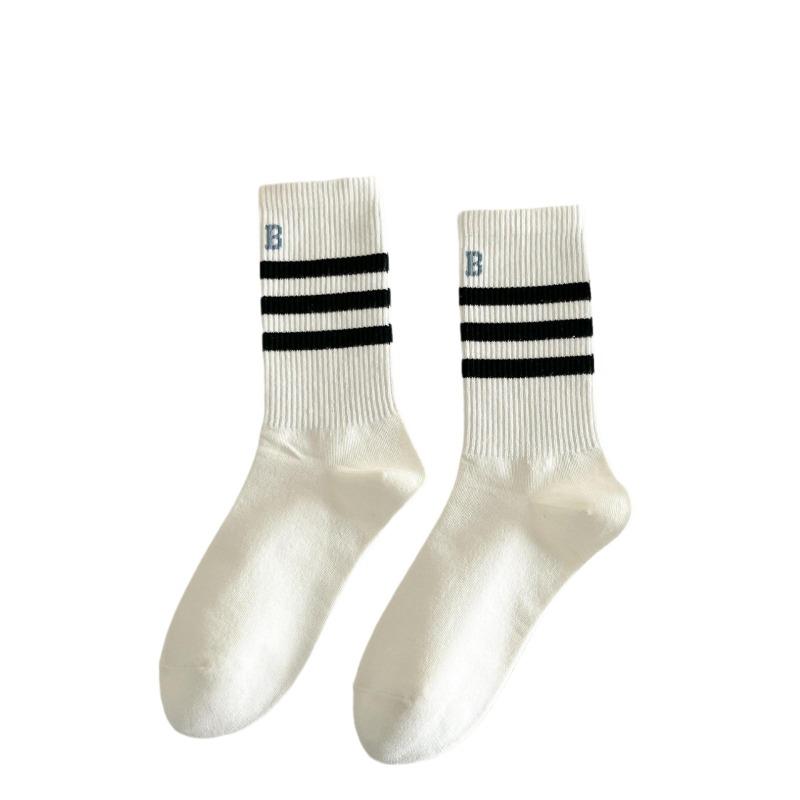 Striped Socks, Women's Mid-calf High-top Socks, Versatile, Simple, Sporty, School Style, Spring and Autumn Cotton Socks