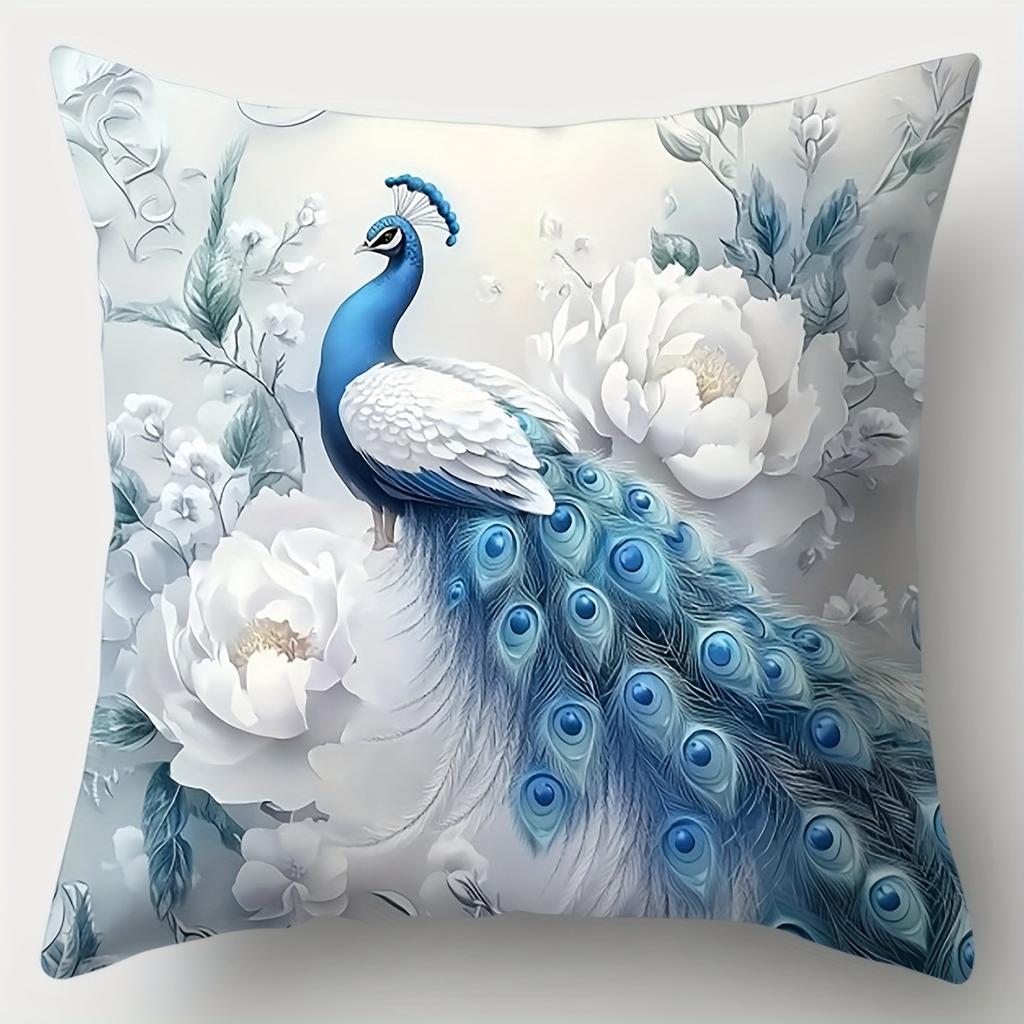 Blauer Pfau Floral Luxusmuster Heimdeko Kissenbezug Wohnzimmer Sofa Polyester Kissenhülle Mit Reißverschluss