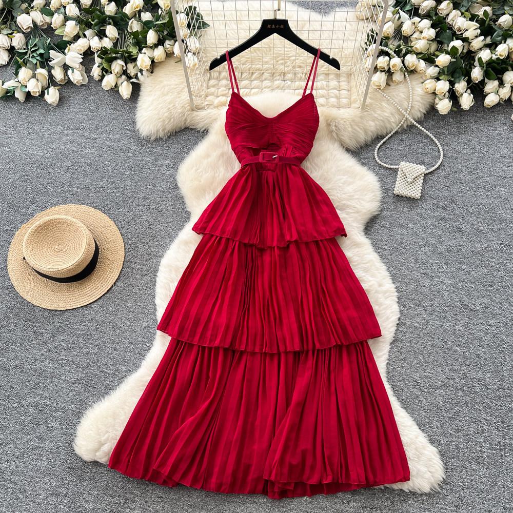 Red suspender layered pleated dress women's summer French vacation style waist ruffle edge cake dress slim dress