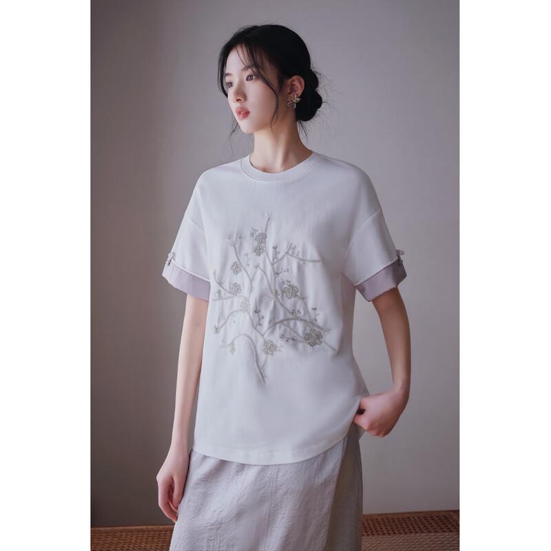 New Chinese Style Embroidered Cotton T-Shirt S