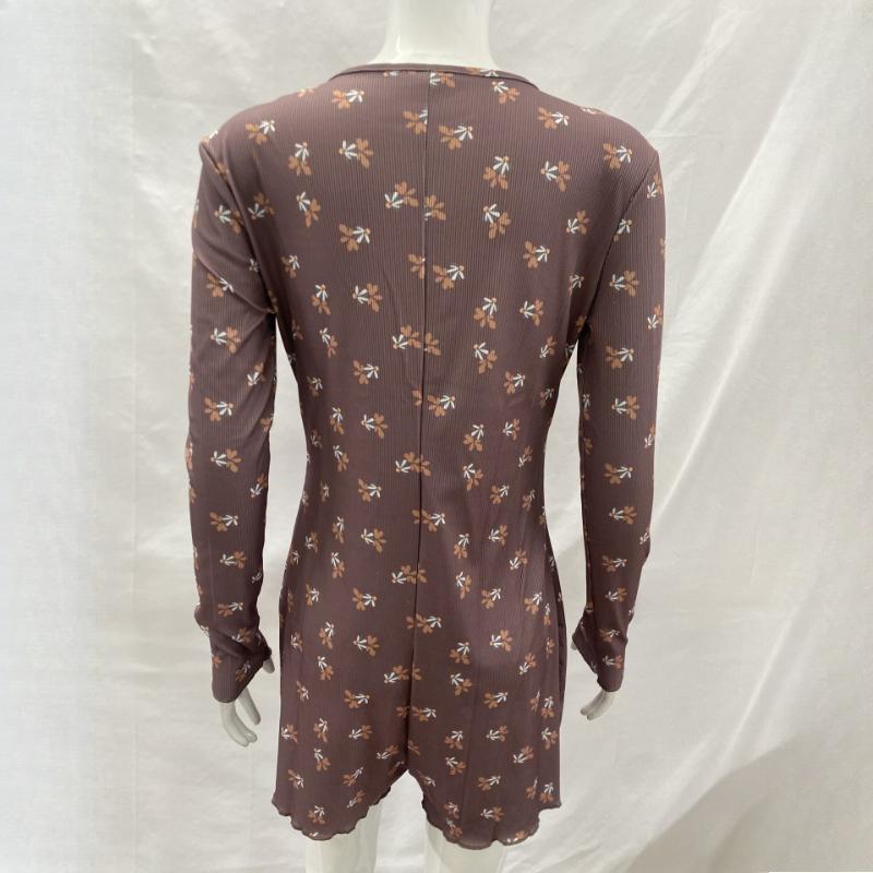 Y2K early autumn floral pattern round neck threaded anti stripe long sleeved jumpsuit