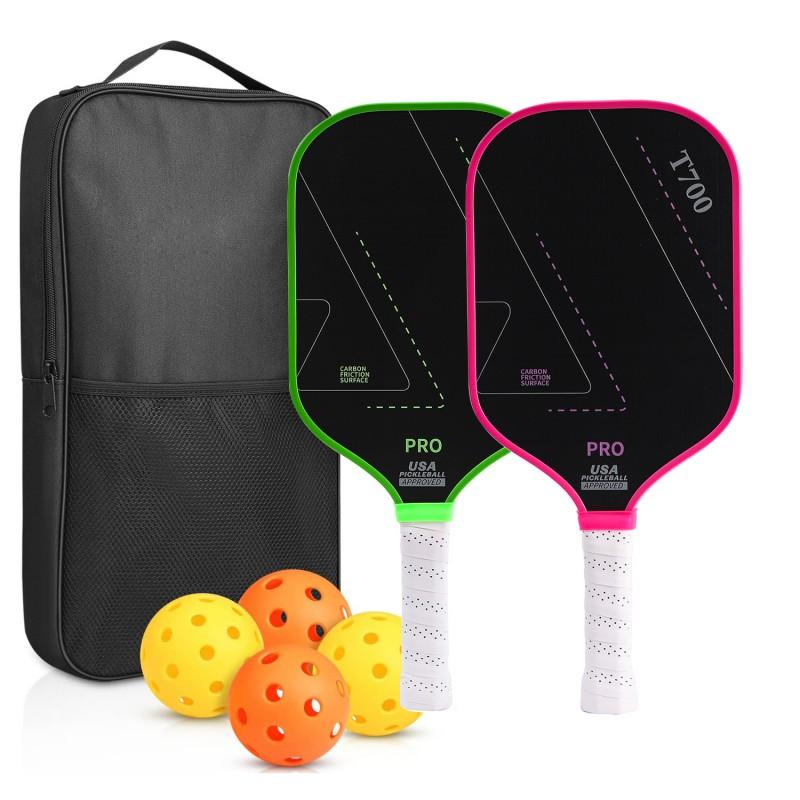 Carbon Fiber Pickleball Paddle Set With 4 Balls Carry Bag Professional Tournament Ready Long Handle 16mm Grip