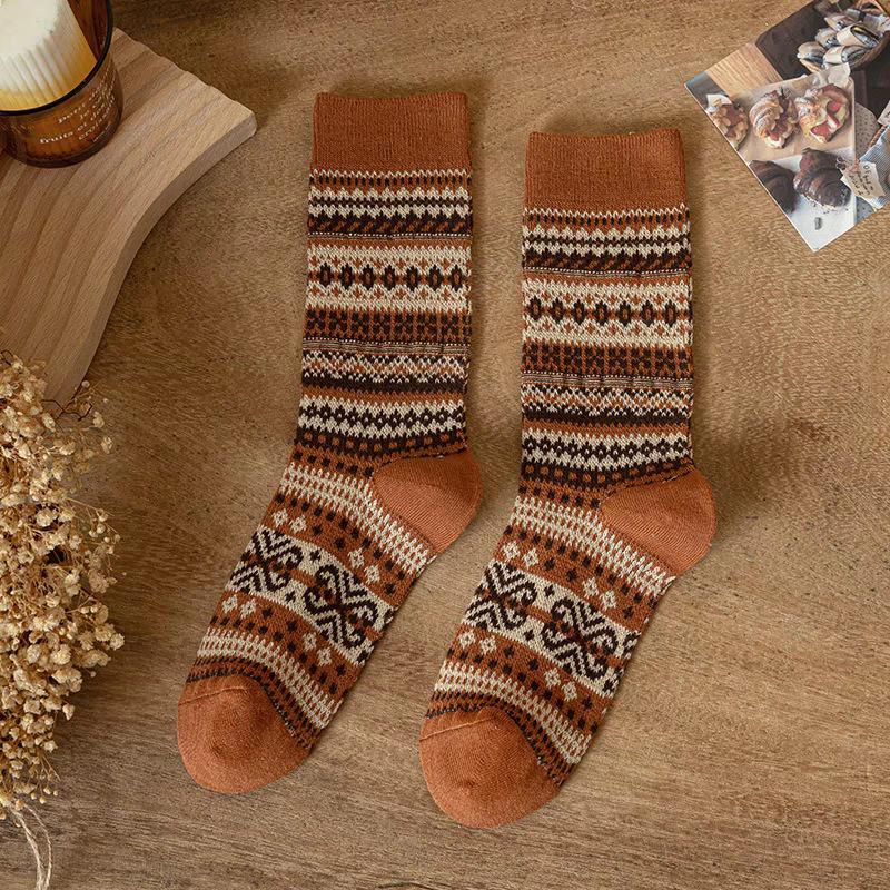 Japanese Retro Ethnic Style Maillard Fair Island Warm Knitted Socks For Women
