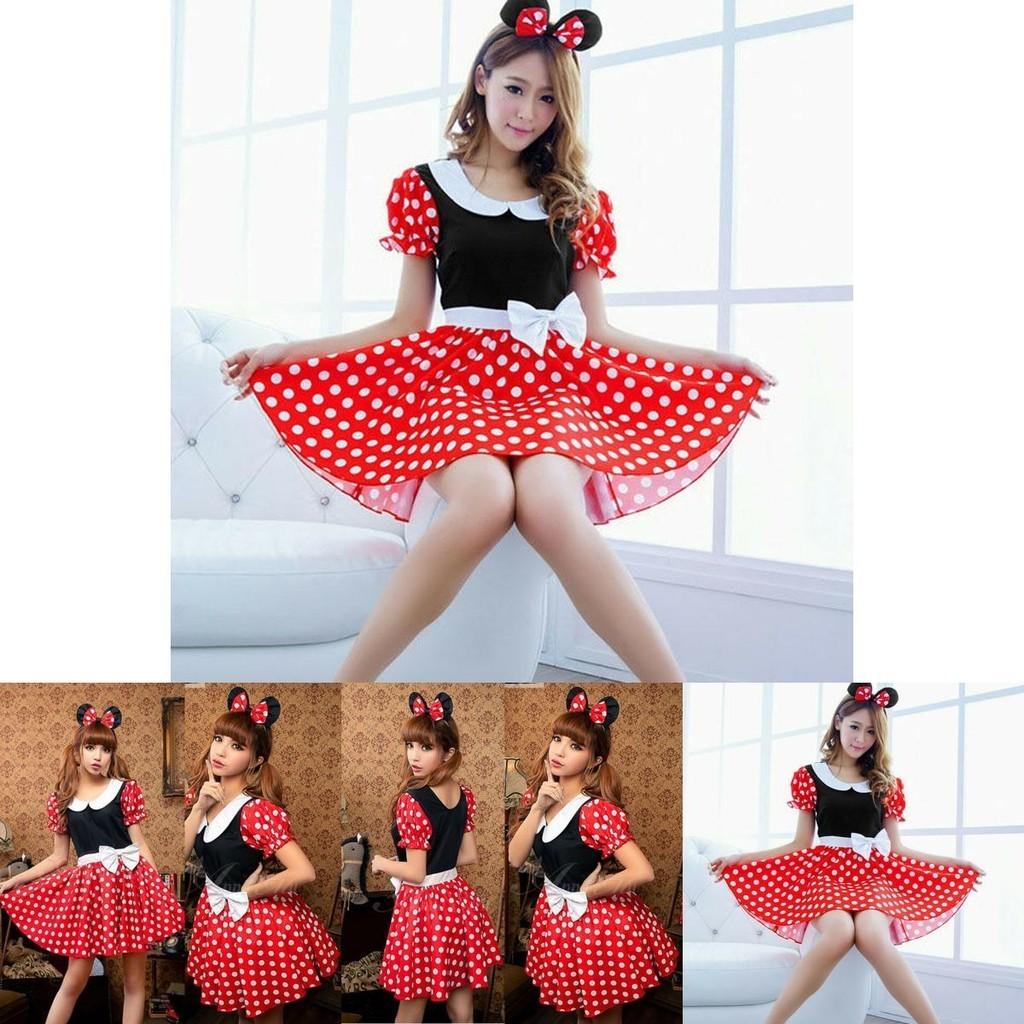 Elegantes Sexy Damen Kostüm für Erwachsene mit Cartoon Minnie Maus und Punkten für Halloween