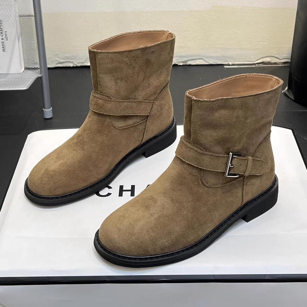 Retro Round Head Pile Boots 2025 Autumn New Merard Thick Heel Western Cowboy Knight Boots Medium Boots Short Boots