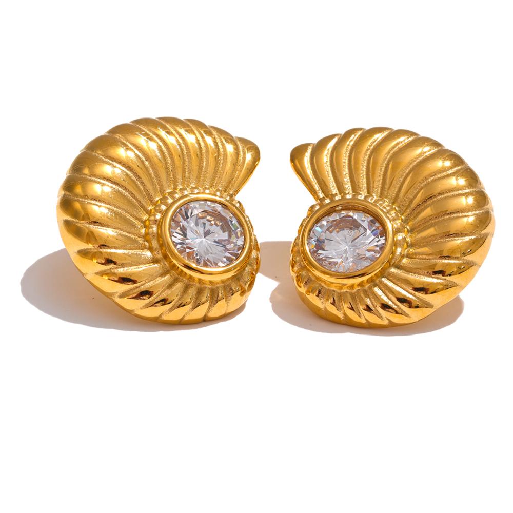 

Yhpup Summer Metal Striped Shell Cubic Zirconia Stud Earrings 18K Gold Color Plated Stainless Steel High Quality Daily Jewelry