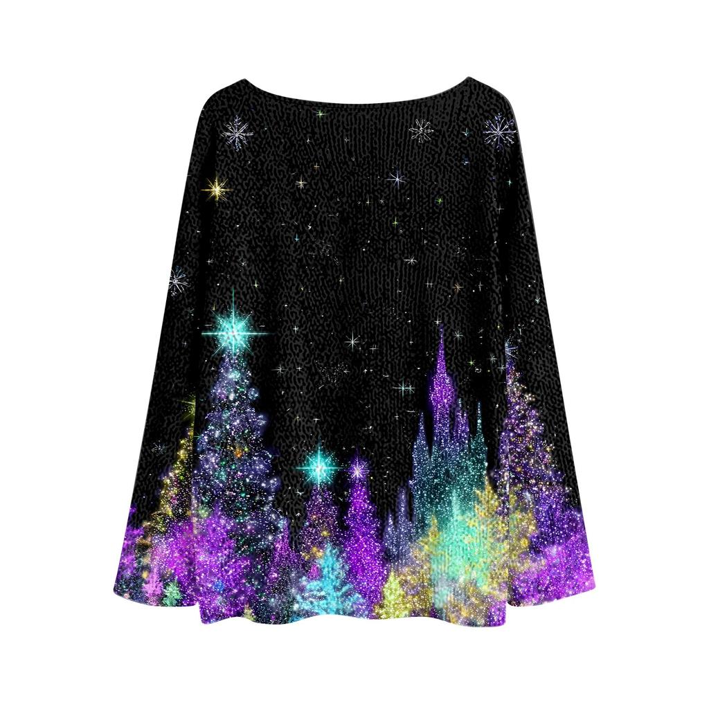 Women's Round Neck Lightweight Sweater Casual Long Sleeve Christmas Print Knit Pullover.