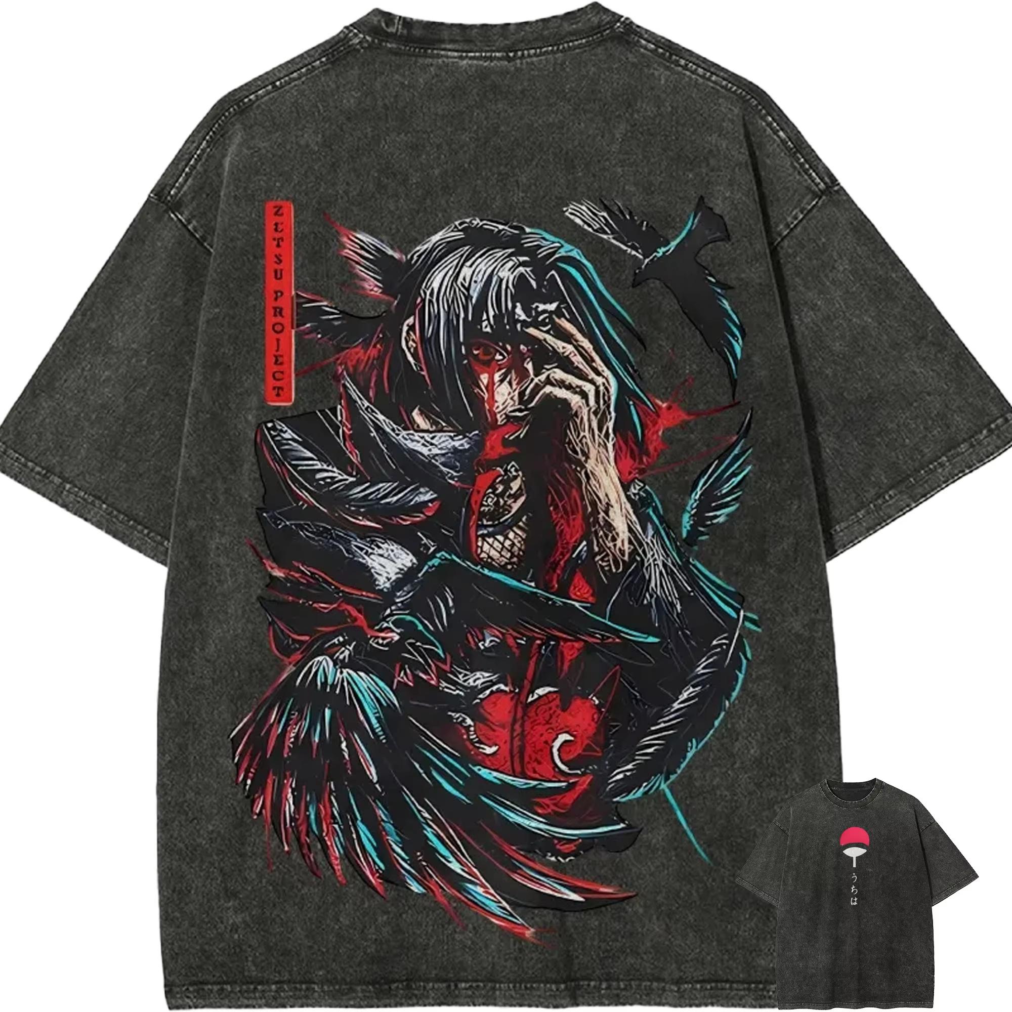 

Itachi T Shirt Naruto Men Acid Wash Crow Genjutsu Anime Graphic Cotton Streetwear Uchiha Clan Manga Blood Splatter Vintage Tee M