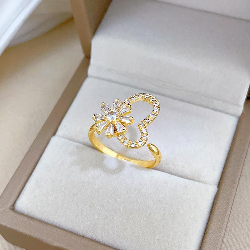 Real Gold Rotating Flower Zircon Personalized Opening Adjustable Light Luxury Jewelry Japanese Ring Couple Ring