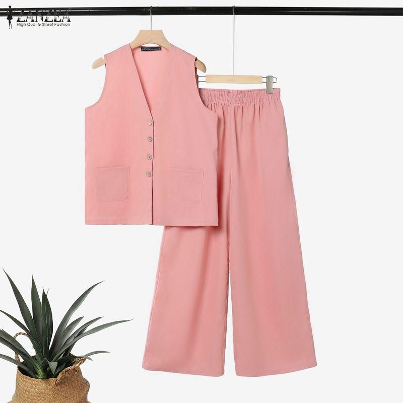 ZANZEA Women Sleeveless Vest Tops and Long Pants Casual Two Piece Suit Sets