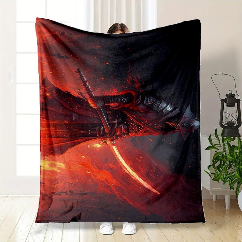 "Flaming Blade Warrior Fantasy Art Print"Blanket Flannel Throw Blanket for Sofa, Bed, Travel, Camping, Office, Couch, Chair, And Bed Gift fo