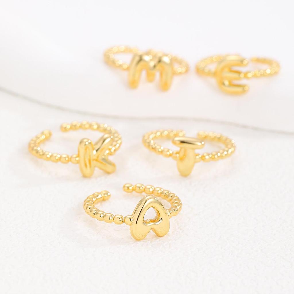 Adjustable 18K Gold Bubble Beaded Open Ring with 26 Alphabet Options