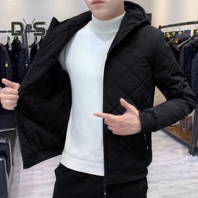 Casaco de algodão masculino com capuz manga comprida cor sólida zíper carcela jaqueta acolchoada bainha elástica algodão outwear