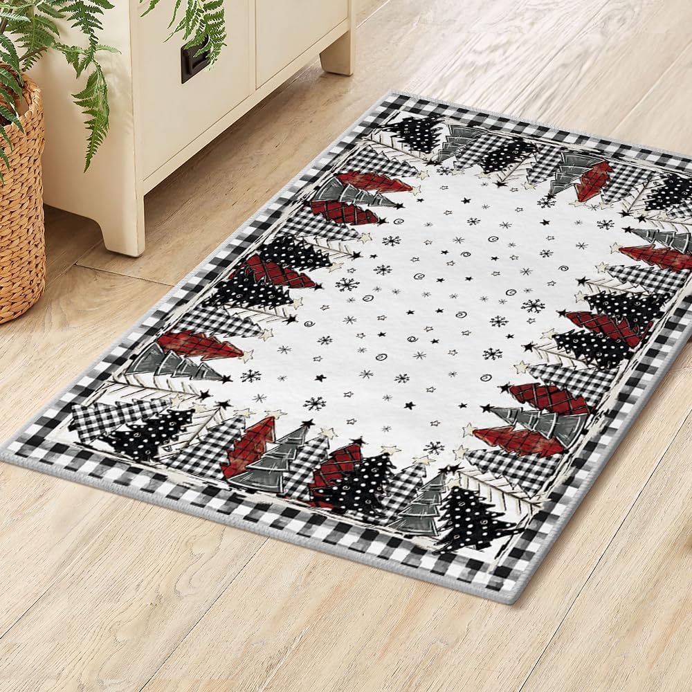 

Grid Carpet Christmas Tree Pattern Rug Winter Home Decoration Washable Mat Entrance Bedroom LivingRoom Fashionable and Beautiful 40x60cm