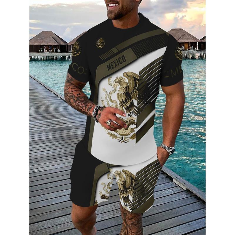 Mens Summer TwoPiece Set Animal Lion 3D Print Crew Neck Short Sleeve T-Shirt & Drawstring Shorts Outdoor