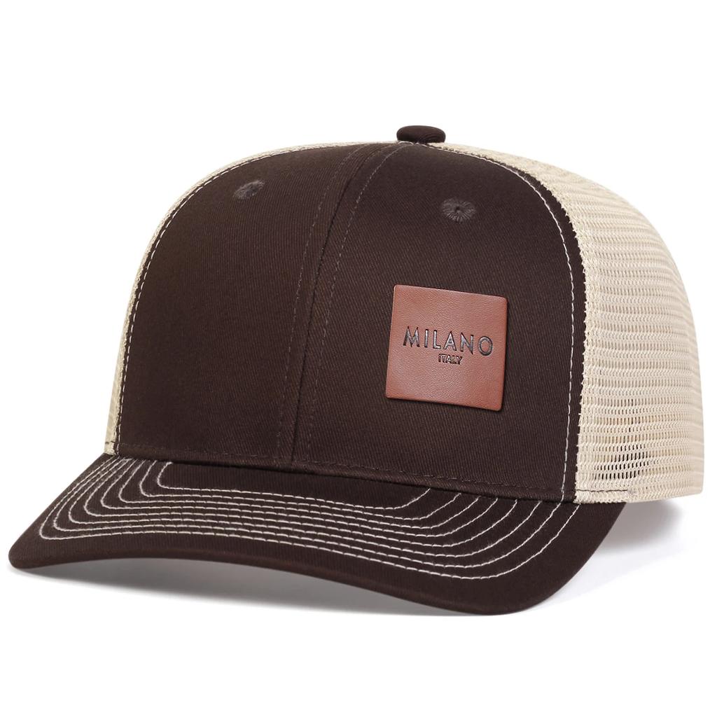 Unisex Brown MILANO Letter Leather Label Baseball Net Caps Outdoor Adjustable Spring and Summer Casual Sunscreen Hat