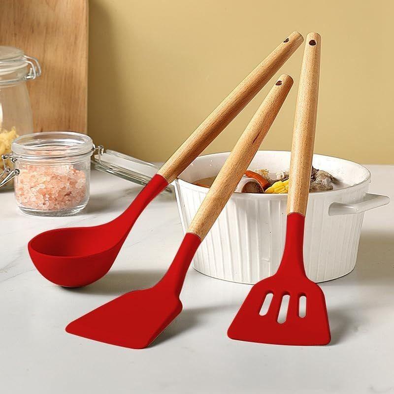 Non-Stick Silikon Kokeutstyrsett, 3 stk med Trehåndtak, Varmebestandige Silikon Kjøkkenredskaper (rød)