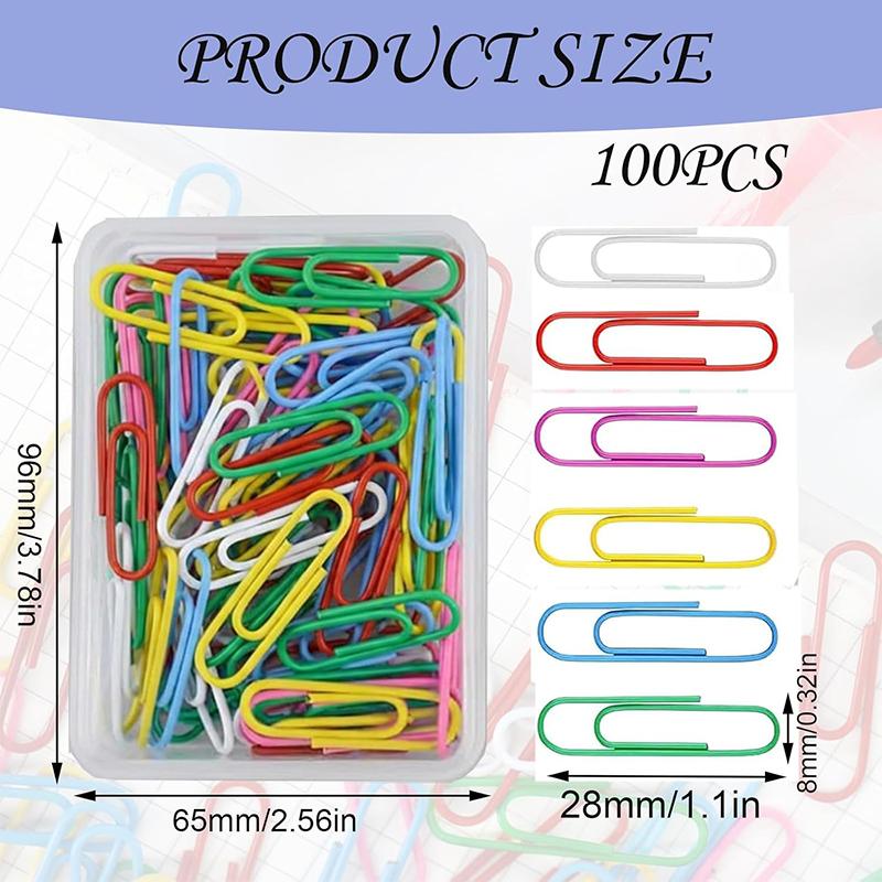 100Pcs Coloured Paper Clips Set 28mm Small Paper Clips with Storage Box Colored Metal Pins Kit for Office School Home Paperwork