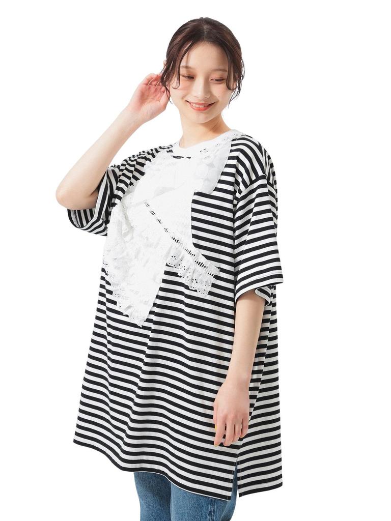 Beams Boy Tee Bias Frill Big One Size S/S [Special Order] TORI-TO T-Shirt, Women's, Black/White,